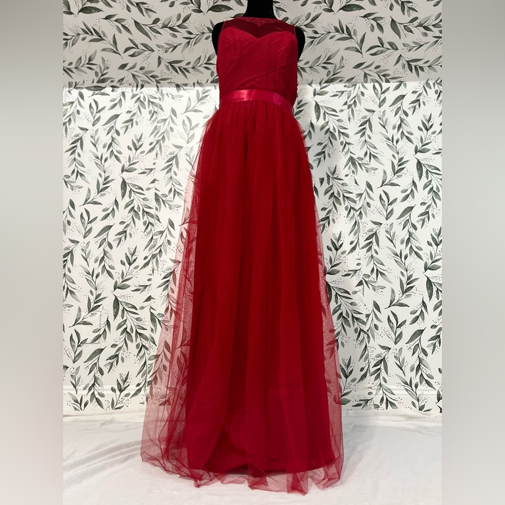 Red Floor Length Halter Tulle Bridesmaid Prom‎ Gown Dress Sz M 10 / S 4 NWT #3